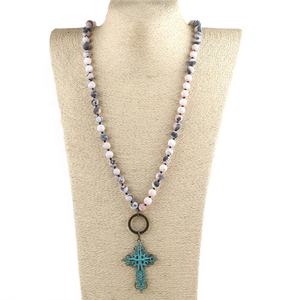 Collana di gioielli tribali della boemia delle donne collana di pietra naturale opaca di modo collana con pendente a croce a cerchio - Product Image 5
