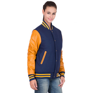 Women's Varsity <b>Jacket</b> Navy Blue with Orange Faux Leather Sleeves Contrast Color Block Full Sleeve Regular Fit Autumn Wear - Product Image 1