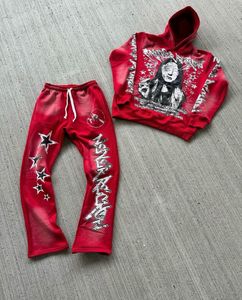 Screen Printing Streetwear Free Sample Raw Hem Cropped Hoodie Stacked Flared Sweatpants Tracksuit <b>for</b> <b>Men</b> - Product Image 6