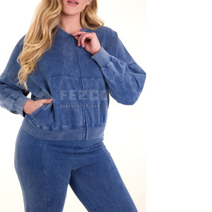 2025 New Arrival Winter Women Acid Wash Hooded Solid 100% Cotton <b>Tracksuits</b> 2 Piece Set High Fashion Matching - Product Image 3