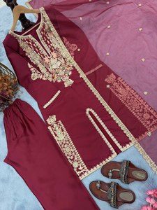 Conjunto elegante de Kurti y Palazzo de seda satinada natural pura con Dupatta a juego para fiesta, apariencia de Festival y ocasiones especiales - Product Image 4