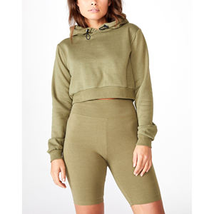 OEM personalizado mujer Crop Hoodie poliéster algodón liso chándal 2 piezas conjunto pulóver manga larga sudadera dobladillo con cordón Sudadera con capucha - Product Image 1