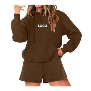Sudaderas con logotipo personalizado para mujer, chaqueta de lana de algodón, ropa de calle, manga larga con cremallera, Top recortado, sudaderas con capucha, conjunto de 2 piezas para mujer - Product Image 6