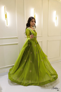 Solid Green Anarkali Set with Hand Embellished Dupatta for <b>Eid</b> & for Ul Adha for Indian & <b>Pakistani</b> Fashion - Product Image 5