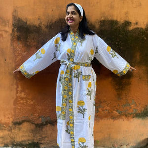 Robe Kaftan en coton pour femmes, faite à la main, avec boutons en dentelle, décoration, motifs floraux imprimés, décontracté, quotidien vintage - Product Image 1