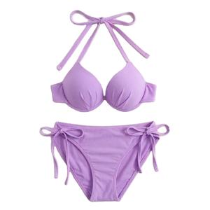 Conjunto de bikini para mujer, traje de baño con cuello halter, traje de baño sexy a rayas de cintura alta, traje de baño de dos piezas con diseño dividido para vacaciones - Product Image 1