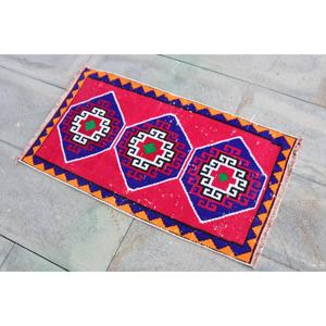 1.6x2.9 ft Small Turkish Vintage Rug, <b>Red</b> Ikat <b>Wool</b> Rug - Product Image 2