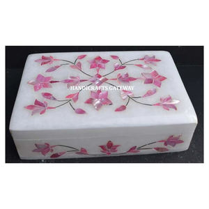 Forme rectangulaire polie la plus traditionnelle marbre blanc pur incrustation de nacre rose boîte à bijoux durable décoration de la maison doué - Product Image 1