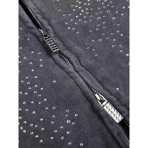 Sudadera con Capucha Personalizada para Hombre, Estilo Vintage, Lavada, con Pedrería, Cierre Doble, Diseño Desgastado, Estilo Urbano, Informal, Manga Larga, 2026 - Product Image 2