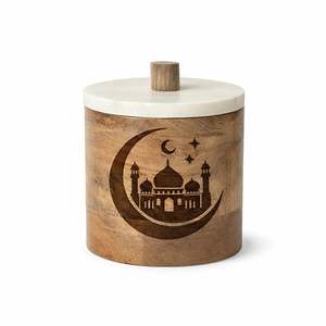 Pot de rangement en bois avec motif de croissant de lune et de mosquée, couvercle en marbre, boîte décorative pour la décoration de la maison islamique - Product Image 1