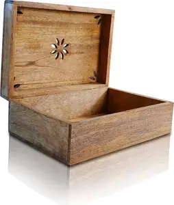 木质纪念品盒，带铰链盖10.5x7.5x4英寸-超大手工木质储物盒，破旧白色