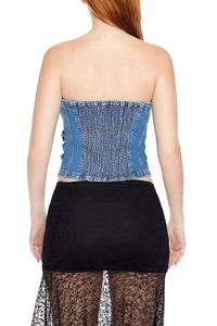 2025 Venta caliente transpirable sostenible azul Denim Tube Top para mujer Casual fiesta estilo OEM tejido camisa de mujer - Product Image 3