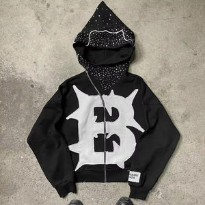 Custom <b>Rhinestone</b> Zip up <b>Hoodie</b> Long Sleeve Oversized Custom Hooded Sweatshirt Zip-Up Zipper Men <b>Rhinestone</b> Hoodies - Product Image 2