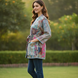 Kimono Stone Wash Kantha 100% coton imprimé court pour femmes, style décontracté taille mi-haute, poches, ceinture pour la mode automne-hiver - Product Image 2