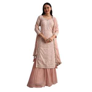 Peach Lucknowi trabajo Kurta Palazzo traje con Palazzo Acampanado y Resham Dupatta venta al por mayor mujeres Ropa Étnica OEM proveedor de fábrica - Product Image 4