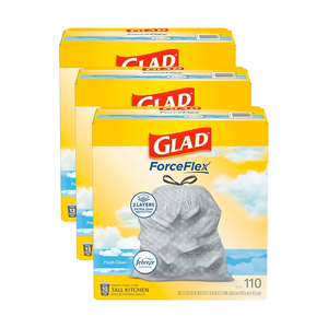 Sacs poubelle biodégradables Glad ForceFlex Heavy Duty avec cordon de serrage, 13 gallons, Fresh Clean, paquet de 3, 110 unités - Product Image 1