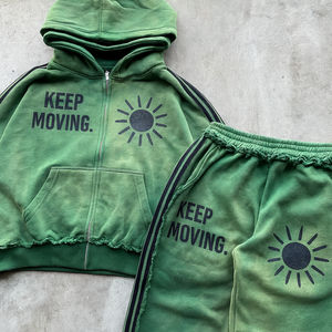 Ensemble survêtement vintage en coton délavé avec capuche double à fermeture éclair, imprimé personnalisé et rayures brodées, pantalon de survêtement ample à ourlet brut - Product Image 3