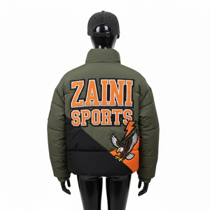 Veste matelassée pour femme Nylon Polyester Tissu Olive Noir Panneau orange Logo personnalisé Broderie Patch Impression Veste matelassée pour femme - Product Image 2