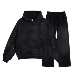 Conjunto de sudadera con capucha y pantalones de chándal desgastados vintage personalizado 450 gramos de algodón pesado para hombre lavado ácido sin cadena conjuntos de Sudadera con capucha - Product Image 3