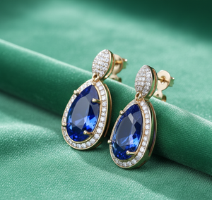 Boucles d'oreilles pendantes Blue Hydro CZ de 5 pouces |   Boucles d'oreilles pendantes en argent sterling 925 plaqué or 18 carats, bijoux fins pour les occasions spéciales - Product Image 1