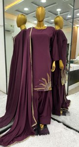 Travail à la main motif à manches longues couleur marron tissu de soie Crep naturel entièrement cousu prêt à porter trois pièces Salwar Kameez à vendre - Product Image 6