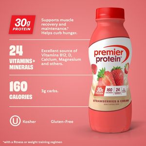 Batido de Proteína Premier, Fresas y Crema, 30 g de Proteína, Sin Azúcar Añadido, 24 Vitaminas y Minerales, 11.5 fl oz, Paquete de 12 - Product Image 6