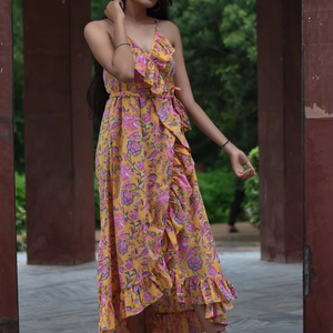 Robe Maxi en Coton Indien Imprimé Bloc à la Main Robe Respirante avec Technique Tie Dye Tissé à la Taille Naturelle - Product Image 1