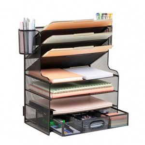 Metal Mesh Desk 6 Compartments 1 Drawer 2 <b>Pen</b> Cups Office Desktop File Organizer - Product Image 1