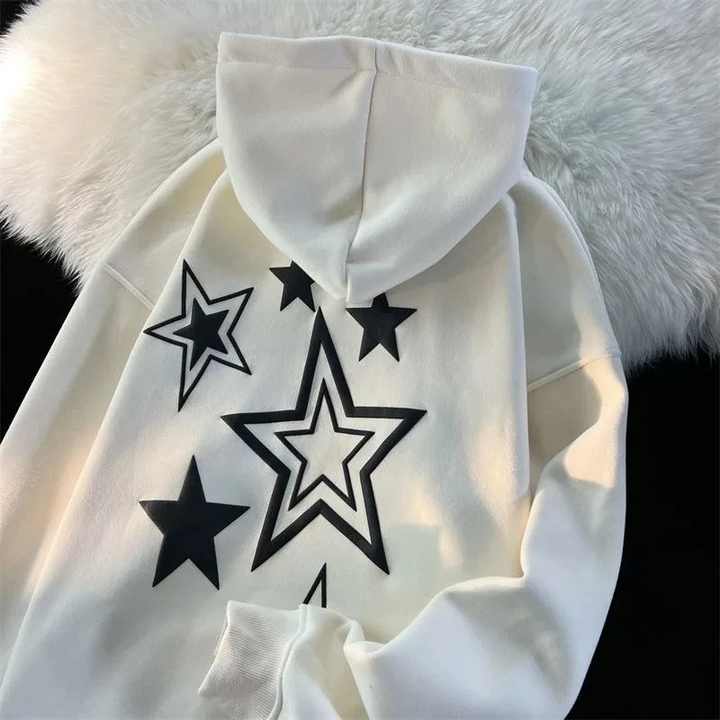 Harajuku Streetwear Sweatshirt Unisex Oversized Y2K Stars Printed Knitted Loose Long Sleeve Hoodies for Women Autumn Winter Tops
