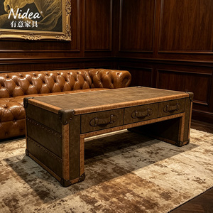Tavolino da Caffè di Lusso in Pelle Vintage con 3 Cassetti, Stile Campagna Fatto <span class=keywords><strong>a</strong></span> Mano per Bar Domestico e Soggiorno, Angoli e Rivetti in Ottone - Product Image 4