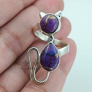 แหวนแมวสีม่วงเทอร์ควอยซ์ เงินแท้ 925 ประดับแบบ Bezel Setting สไตล์โบฮีเมียน ทำด้วยมือ สำหรับผู้หญิง สาวๆ ของขวัญวันเกิด วันครบรอบ วันแต่งงาน - Product Image 4