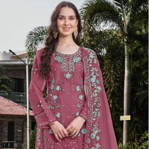 Elegante Organza bordada Shalwar Kameez con Khatli Work Santoon a juego Dupatta atemporal traje indio y pakistaní - Product Image 1