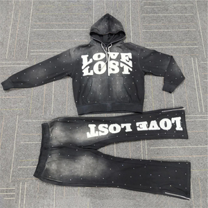 Parche bordado OEM 100% chándales de algodón Sudadera con capucha y pantalones de chándal Traje de sudor bordado de retales de dos piezas Servicio OEM - Product Image 1