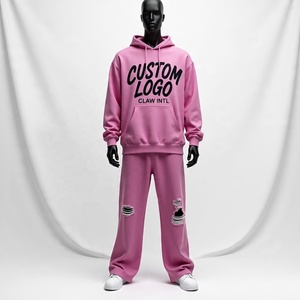 Personalizado en blanco Zip Up Hoodie Joggers Baggy Fleece algodón Pantalones de chándal y Sudadera con capucha Conjunto 450gsm Bordado Logo Chándales para los hombres - Product Image 1