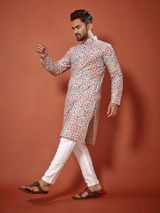 Walimah spécial concepteur fantaisie coton longue longueur en relief Kurta pleine longueur Chudidar pour hommes tenue de fête de mariage traditionnel - Product Image 3