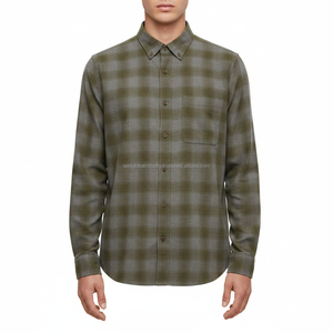 Camisa de Franela a Cuadros Verde Oliva para Hombre, Manga Larga, Cierre de Botones, Informal, de Algodón, con Logotipo Personalizado OEM, Proveedor Mayorista - Product Image 1
