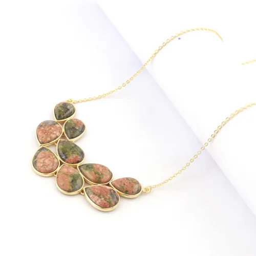 Benutzer definierte Großhandel Multi Stone Pear Natural Unakite Jasper Collet Anhänger Halskette Vergoldete Glieder kette Stilvolle Halskette Geschenk