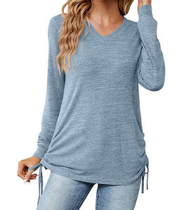 Venta al por mayor de calidad superior de las mujeres de talla grande Casual de manga larga con cuello en V de punto Camiseta 100% algodón transpirable bordado Logo - Product Image 2