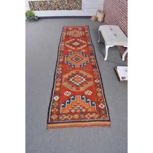 Alfombra Turca de 2.9x11.4 pies, Alfombra Vintage, Alfombra de Lana Roja Naranja Estilo Suroeste - Product Image 1