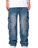 Jean cargo bleu délavé pour homme, coupe large, taille mi-haute, fermeture éclair, décontracté, avec plusieurs poches, personnalisable