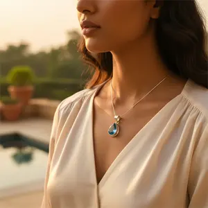 Colgante de Plata 925 con Forma de Lágrima y Topacio Azul, Chapado en Rodio, Oro Rosa y Platino, con Diseño de Escudo, para Mujer, Joyería de Regalo - Product Image 1