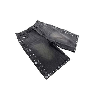 Short en jean taille moyenne tissé hip-hop décontracté d'été pour hommes avec strass de style baggy vintage - Product Image 4