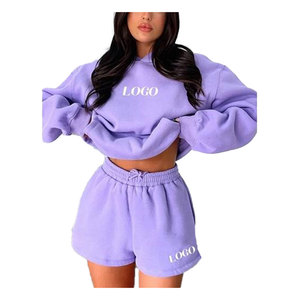 Ensemble de sweat-shirts courts décontractés pour femmes en gros, 100% coton, broderie personnalisée, surdimensionné, ensemble de 2 pièces, sweat-shirts et shorts pour femmes - Product Image 1