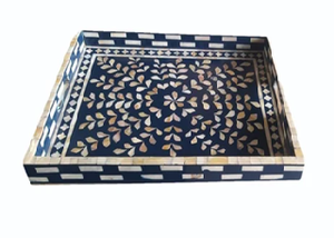 Teal and white rectangular floral design bone inlay <b>tray</b> with handles, luxury decor, available at wholesale prices. - Product Image 5