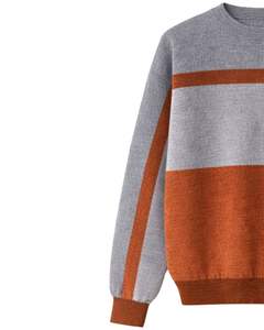 <b>Men</b> Crew Neck Knit Sweater Grey Rust Color Block Long Sleeve Soft Warm Winter Casual Pullover Premium Knitwear - Product Image 3