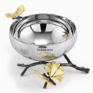 Ensemble de 2 bols de service en bois et en laiton avec bordure dorée et oiseau, design tendance - Product Image 3