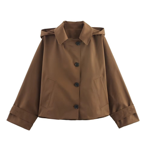 Chaqueta de otoño estilo europeo y americano con capucha, manga larga, solapa, abotonadura sencilla, estilo trench coat, chaqueta corta, ropa de calle. - Product Image 6