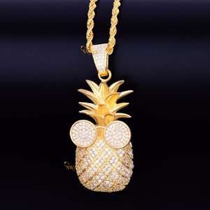 Mode 925 Sterling Silver Ananas Lunettes Pendentif Collier Glacé avec Lab Grown Diamond Bling Plaqué Or Bijoux - Product Image 1