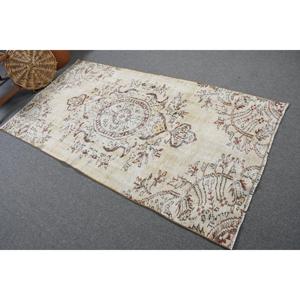 Vintage Turkish Rug 3.6x6.9 ft (110x209 cm), <b>Brown</b> Polka dot <b>Wool</b> Rug - Product Image 1