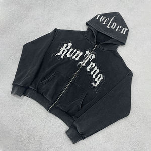 400gsm Heavyweight Vintage Acid Wash Zip Up Hoodie Mens Boxy Cropped Distressed Bordado Patch Hoodie - Product Image 2